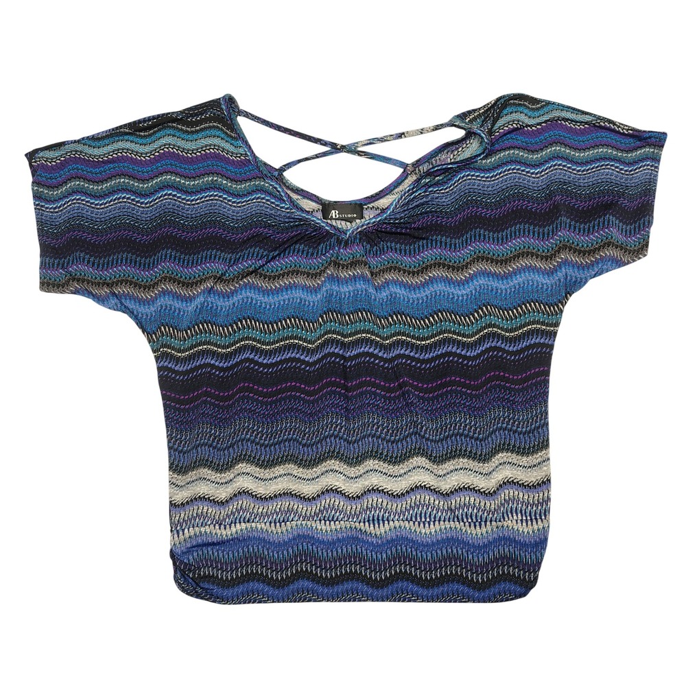 AB Studio Blouse Women Medium Strappy Back Blue Purple Chevron Zig Zag Short Slv